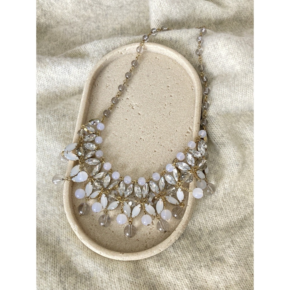 Gold Tone Statement Bib Necklace Rhinestone White Faux Opal Bead Dangle Collar - Picture 2 of 8